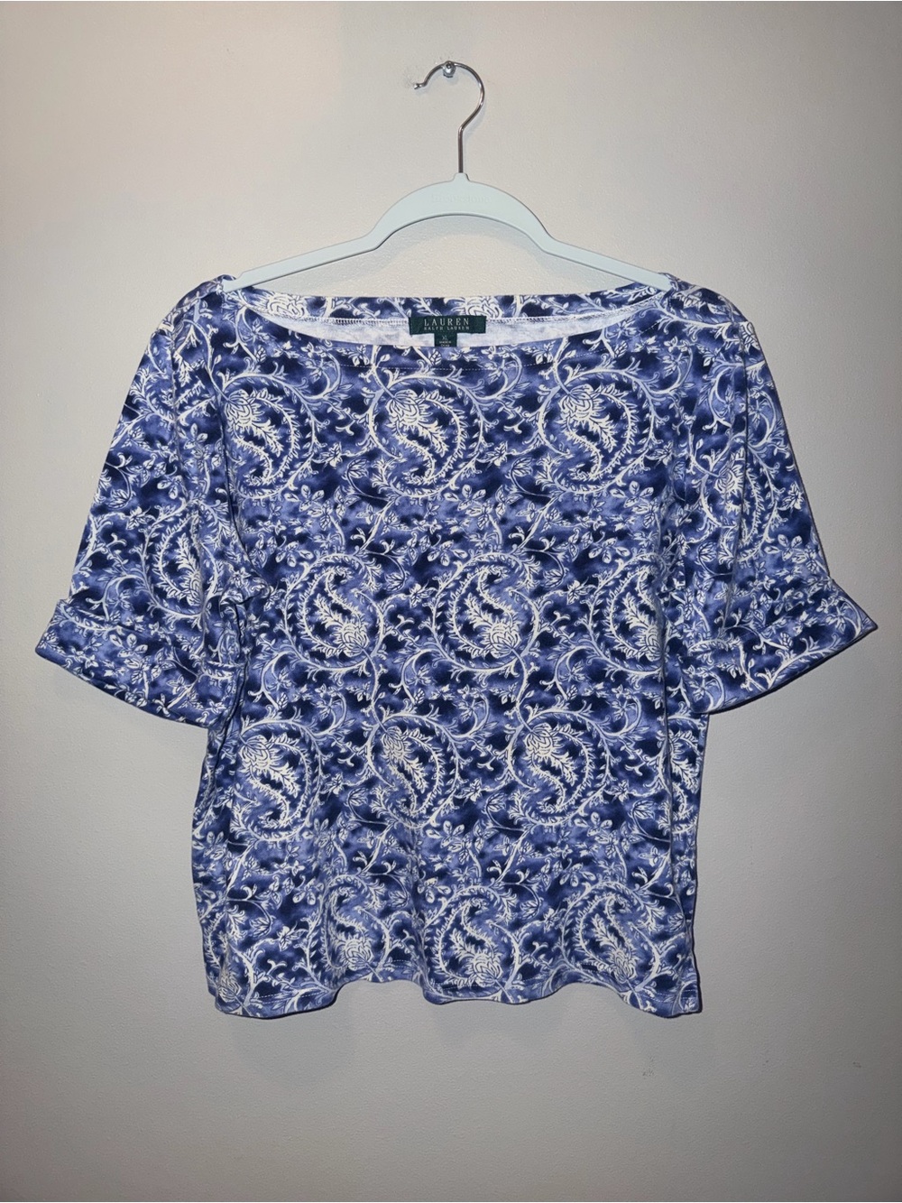 Lauren Ralph Lauren 100% cotton Navy and White Paisley Boatneck Blouse luxury
